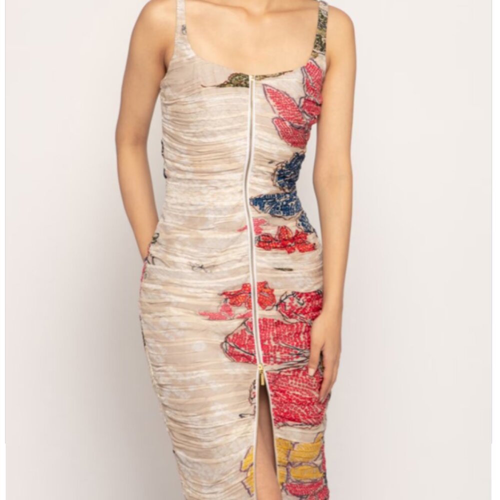 NWT Saaksha & Kinni Ivory Printed Zip Front Midi Dress S